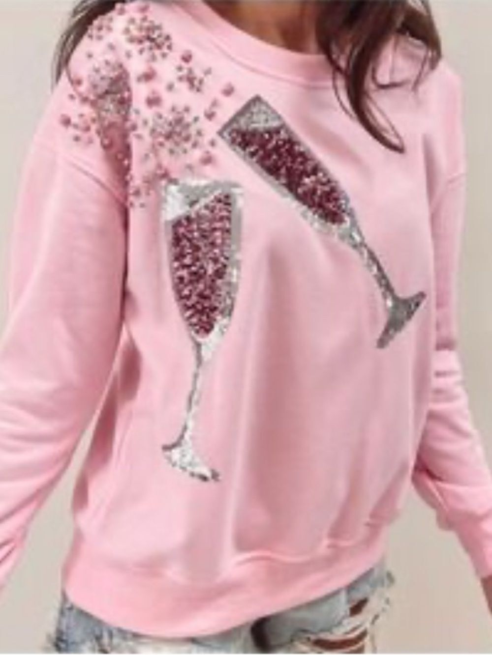 Why Dress Large Pink Champagne Embellished Sweatshirt